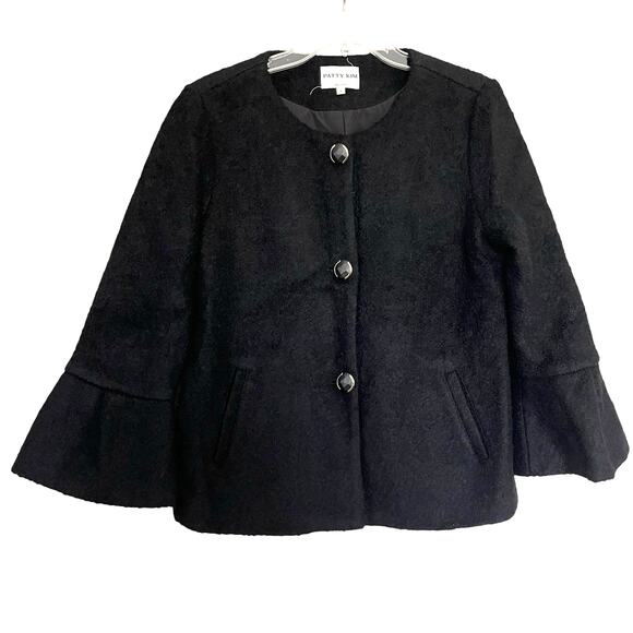 Patty Kim Black Wool Blend Tweed 3/4 Bell Sleeve Button Front Jacket Size Large - Picture 1 of 12